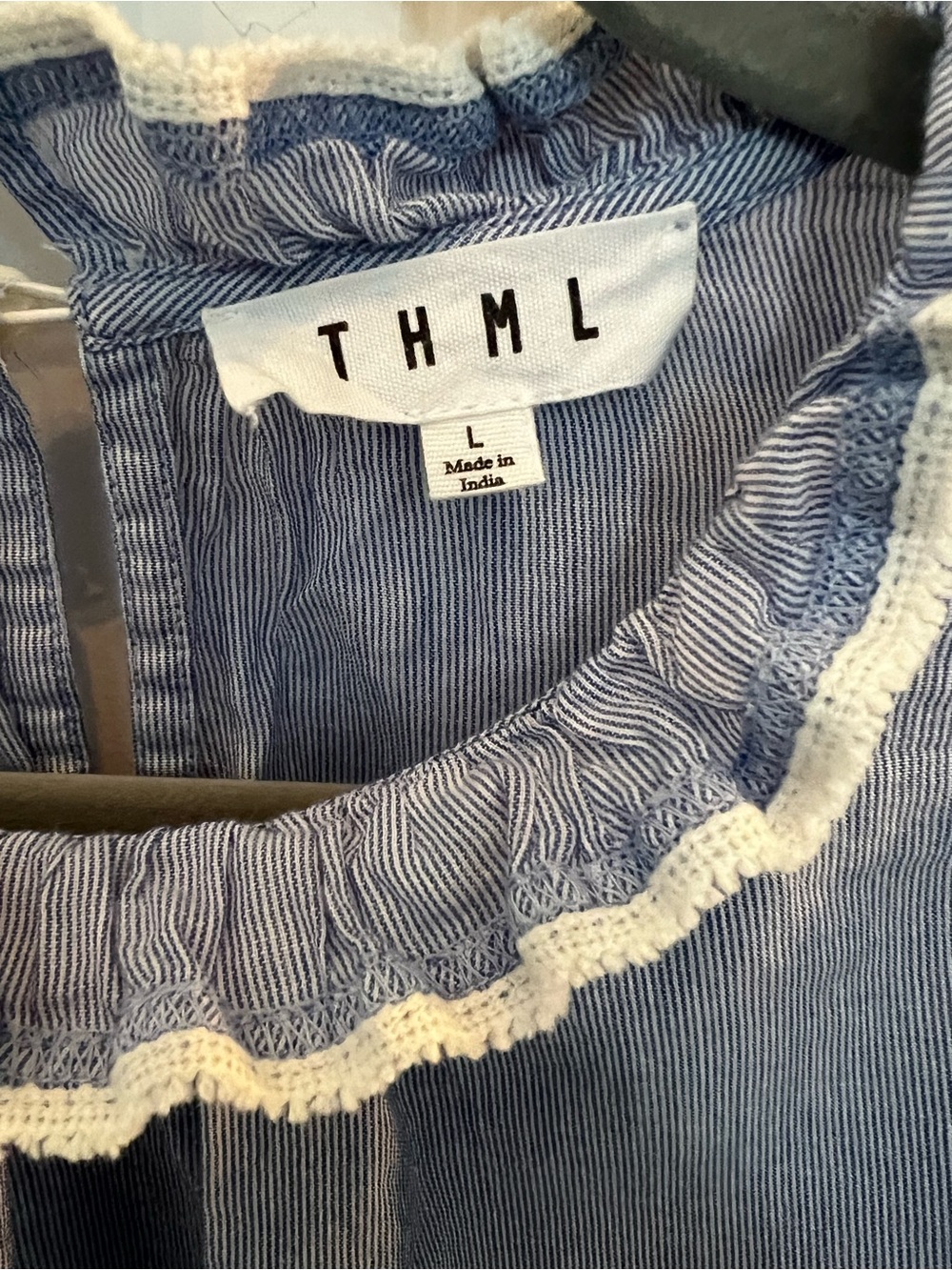 THML Blue & White Pinstripe Embroidered Floral Sleeve Cotton Top | Size L - Picture 3 of 8